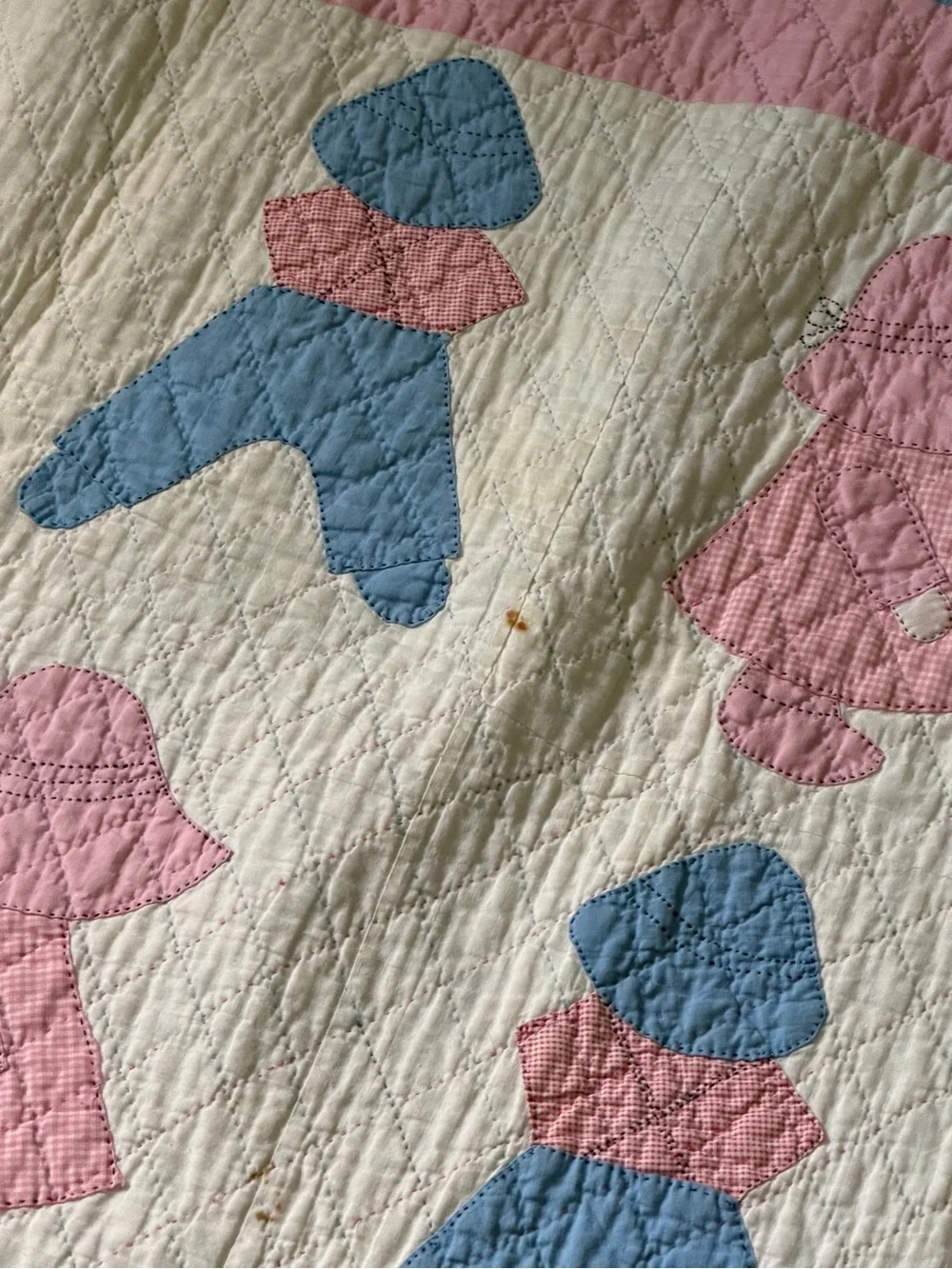 Vintage Cottagecore Handmade Sunbonnet Sue Pink & Blue Patchwork Quilt